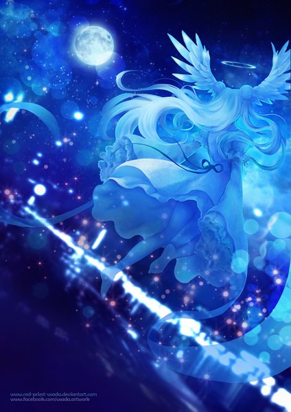 Anime picture 706x1000 with between the worlds selene (between the worlds) red priest usada single long hair tall image white hair long sleeves barefoot from behind night hair bun (hair buns) night sky back watermark flying angel wings head wings city lights transparent