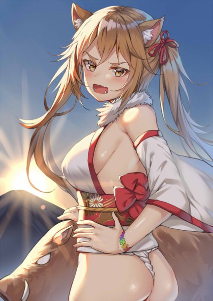 Anime picture 708x1000 with original alexmaster single long hair tall image looking at viewer blush fringe breasts open mouth light erotic brown hair large breasts twintails brown eyes animal ears payot sky outdoors ass