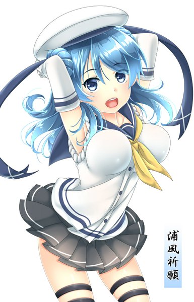 Anime picture 693x1080 with kantai collection urakaze destroyer baretto single long hair tall image looking at viewer breasts open mouth blue eyes white background blue hair arms behind head girl skirt gloves elbow gloves beret sailor suit