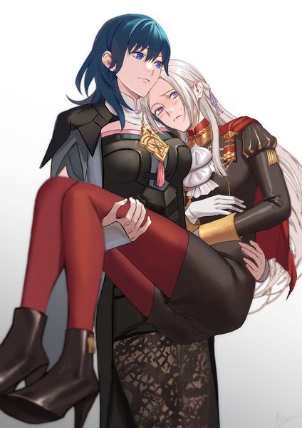 Anime picture 1448x2048 with fire emblem fire emblem: three houses nintendo edelgard von hresvelg byleth (fire emblem) byleth (female) (fire emblem) aizumi240326 long hair tall image looking at viewer blush fringe short hair breasts blue eyes simple background smile hair between eyes standing purple eyes