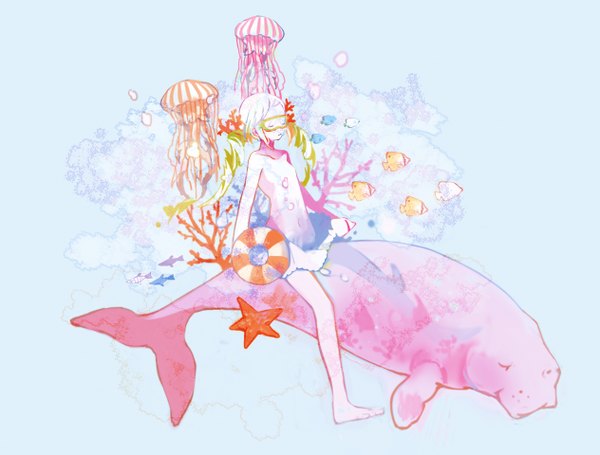 Anime picture 1263x959 with original 24 (artist) single short hair eyes closed underwater girl dress bubble (bubbles) fish (fishes) swim ring jellyfish algae diving mask