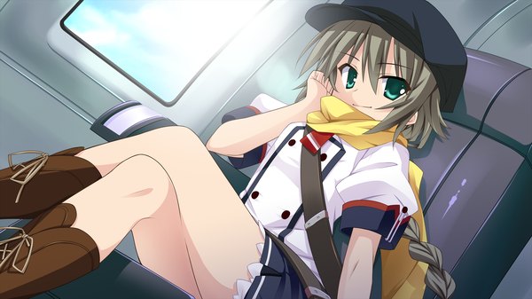 Anime picture 2048x1152 with namima no kuni no faust single long hair highres wide image sitting green eyes game cg braid (braids) grey hair lace-up boots girl uniform school uniform boots scarf flat cap