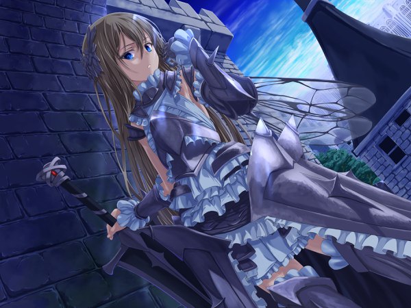 Anime picture 2400x1800 with original mikisai single long hair looking at viewer fringe highres open mouth blue eyes hair between eyes brown hair standing bare shoulders holding sky cloud (clouds) outdoors sheathed insect wings knight