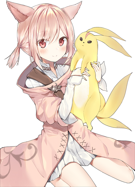 Anime picture 868x1207 with final fantasy final fantasy xiv square enix miqo'te carbuncle (final fantasy) sabet (young ouo) single tall image looking at viewer blush fringe short hair smile hair between eyes red eyes sitting twintails holding animal ears payot