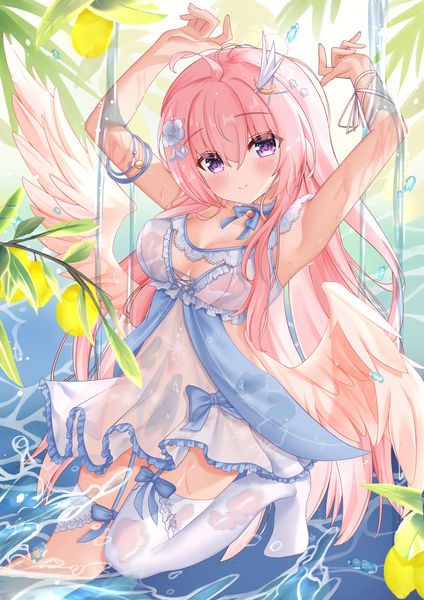 Anime picture 1157x1637 with original ss851251 single long hair tall image looking at viewer blush fringe breasts light erotic smile hair between eyes purple eyes payot pink hair ahoge bent knee (knees) outdoors hair flower arms up