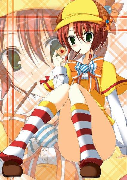Anime picture 2149x3035 with nanahosi seiiki (artist) single tall image blush highres short hair sitting green eyes red hair mouth hold girl bow socks food sweets knee socks pocky striped socks