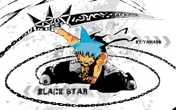 Anime picture 1920x1200 with soul eater studio bones black star single highres short hair wide image blue hair tattoo boy weapon chain bandage (bandages)