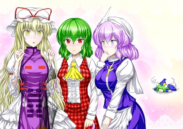 Anime picture 1200x849 with touhou yakumo yukari kazami yuuka letty whiterock mima y2 long hair blush short hair blonde hair red eyes purple eyes multiple girls yellow eyes purple hair green hair girl dress skirt hat