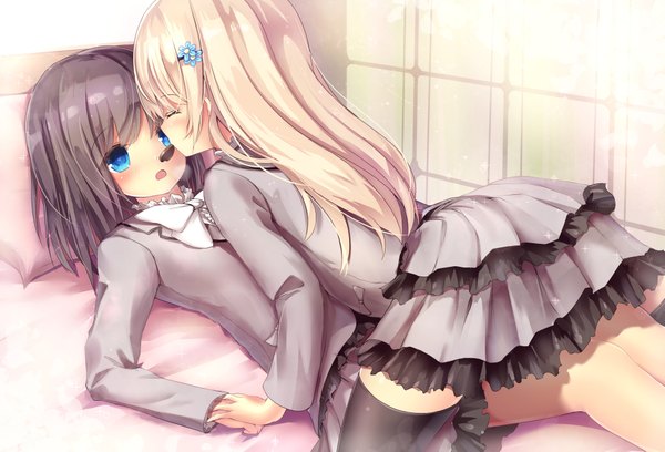 Anime picture 2047x1395 with original missle228 long hair blush highres open mouth blue eyes black hair blonde hair multiple girls eyes closed shoujo ai valentine girl thighhighs dress black thighhighs 2 girls food sweets