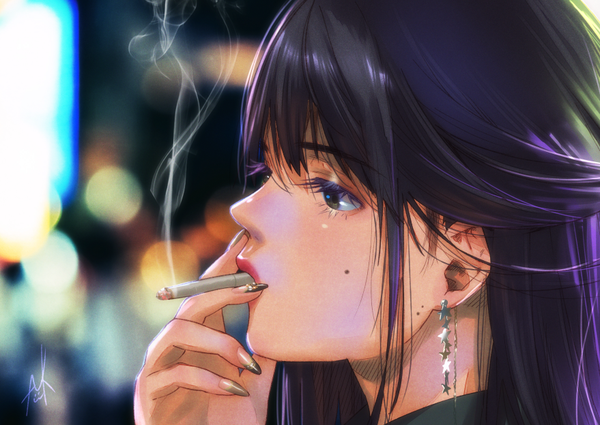 Anime picture 879x624 with original kamiyama aya single long hair fringe black hair hair between eyes holding signed payot looking away nail polish profile fingernails mole grey eyes mouth hold close-up smoke half updo