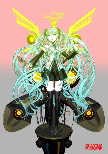 Anime picture 1403x2000 with vocaloid hatsune miku nagimiso single tall image looking at viewer twintails very long hair aqua eyes aqua hair tattoo zettai ryouiki girl skirt detached sleeves miniskirt headphones thigh boots vest speakers