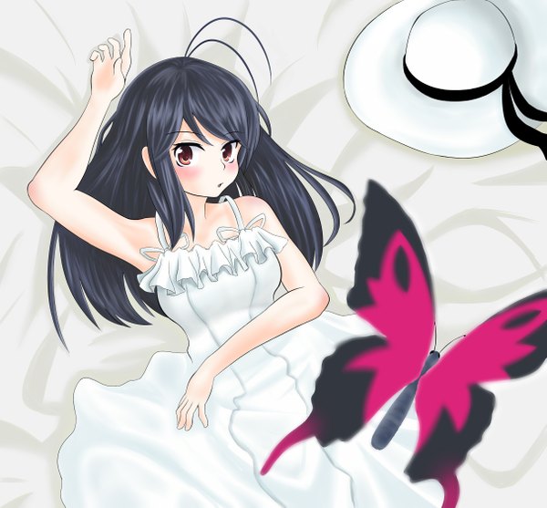Anime picture 2425x2254 with accel world sunrise (studio) kuroyukihime long hair looking at viewer blush highres open mouth black hair red eyes body blush girl dress hat insect butterfly sundress