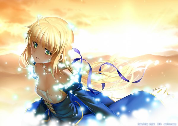 Anime picture 1517x1075 with fate (series) fate/stay night studio deen type-moon artoria pendragon (all) saber namonashi single long hair looking at viewer blonde hair bare shoulders green eyes girl dress ribbon (ribbons) hair ribbon