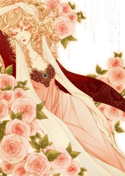 Anime picture 1000x1409 with original sizh single long hair tall image fringe breasts holding eyes closed lips drill hair sleeping eyeshadow girl dress flower (flowers) rose (roses) leaf (leaves)