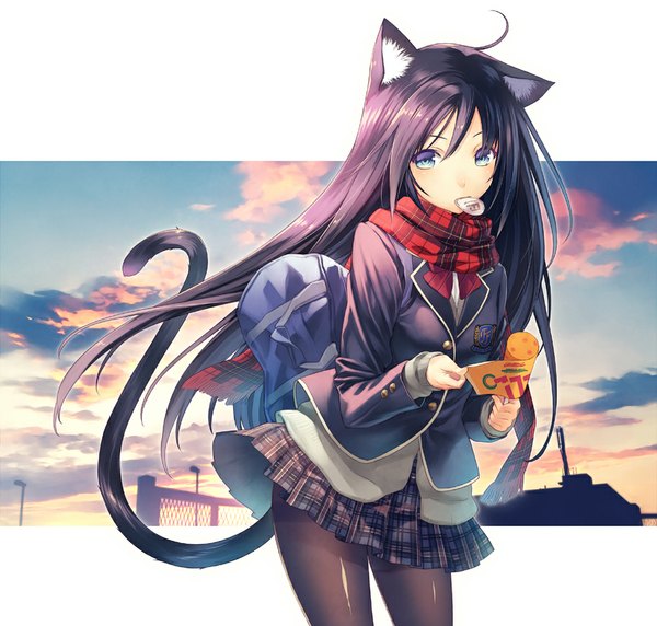 Anime picture 1000x954 with original hirano katsuyuki single long hair looking at viewer blue eyes black hair holding animal ears sky ahoge tail animal tail cat ears cat girl cat tail plaid skirt letterboxed food in mouth girl