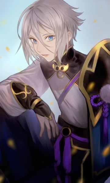 Anime picture 480x800 with fate (series) fate/grand order prince of lan ling (fate) picomaro single tall image looking at viewer fringe short hair blue eyes simple background hair between eyes sitting silver hair parted lips blue background boy bridal gauntlets