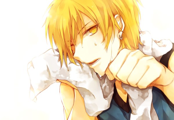 Anime picture 1200x828 with kuroko no basket production i.g kise ryouta mukkun single looking at viewer short hair open mouth simple background blonde hair white background yellow eyes one eye closed wink sweat towel around neck boy earrings towel fist