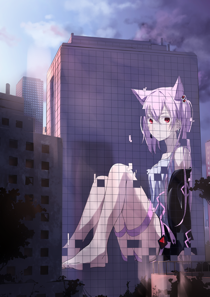 Anime picture 2894x4093 with original mikisai single long hair tall image looking at viewer fringe highres breasts light erotic hair between eyes red eyes sitting bare shoulders animal ears sky purple hair cloud (clouds) full body bent knee (knees)