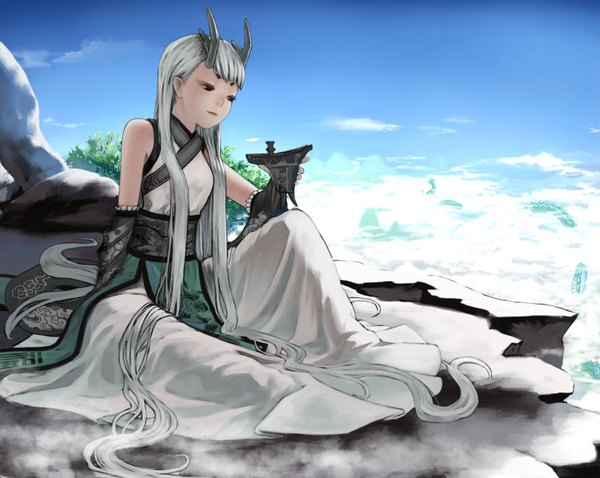 Anime picture 1500x1196 with original zerogyakuten (artist) long hair sitting bare shoulders sky cloud (clouds) white hair very long hair horn (horns) black eyes dress plant (plants) detached sleeves tree (trees)