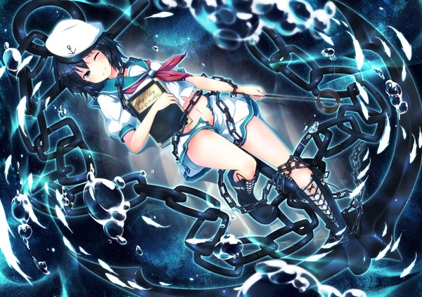 Anime picture 2000x1412 with touhou murasa minamitsu ugume single blush highres short hair blue eyes black hair one eye closed wink torn clothes underwater girl boots book (books) thigh boots chain bubble (bubbles) sailor suit