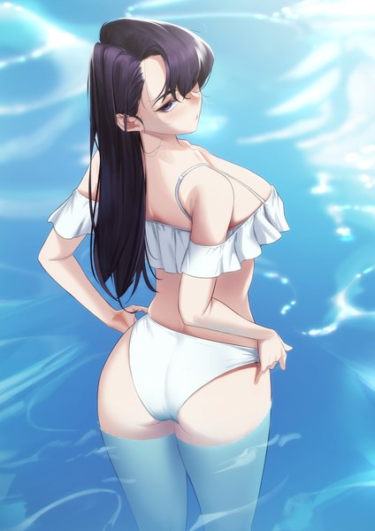Anime picture 4000x5658 with komi-san wa komyushou desu komi shouko blueorca single long hair tall image looking at viewer blush fringe highres breasts light erotic black hair large breasts standing purple eyes absurdres ass looking back from above