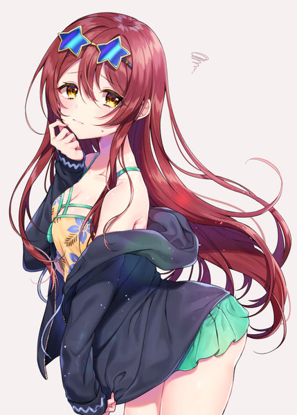 Anime picture 643x900 with idolmaster idolmaster shiny colors oosaki tenka usano single long hair tall image looking at viewer blush fringe breasts light erotic simple background hair between eyes bare shoulders yellow eyes cleavage red hair off shoulder grey background