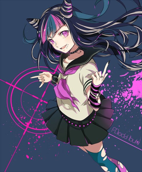 Anime picture 826x1003 with dangan ronpa super dangan ronpa 2 mioda ibuki ekita xuan single long hair tall image looking at viewer fringe open mouth black hair pink eyes multicolored hair from above hair bun (hair buns) streaked hair character names piercing dark background wrist scrunchie