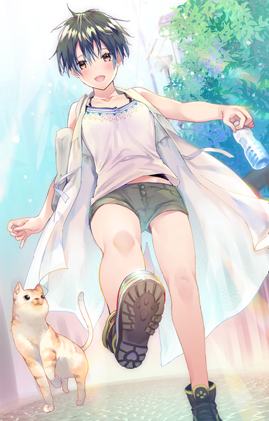 Anime picture 1134x1771 with original cocoa (cafe-hotcocoa) single tall image looking at viewer blush fringe short hair black hair smile hair between eyes holding yellow eyes outdoors open clothes from below walking girl animal shorts