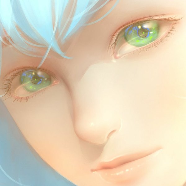 Anime picture 800x800 with original orry single looking at viewer fringe short hair blue eyes simple background green eyes blue hair lips grey background shiny skin close-up face multicolored eyes girl