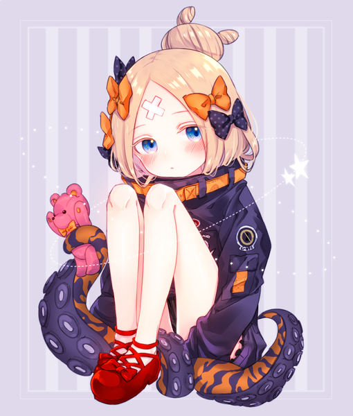 Anime picture 850x1000 with fate (series) fate/grand order abigail williams (fate) pota (xx11ovo11xx) single tall image looking at viewer blush short hair blue eyes blonde hair sitting full body grey background bare legs hair bun (hair buns) striped background bandaid on face heroic spirit traveling outfit girl