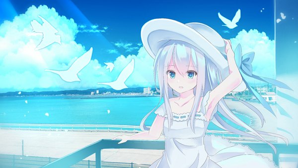 Anime-Bild 1600x900 mit kantai collection hibiki destroyer fathom single long hair blush fringe open mouth blue eyes smile hair between eyes wide image standing looking away sky cloud (clouds) outdoors white hair :d wind