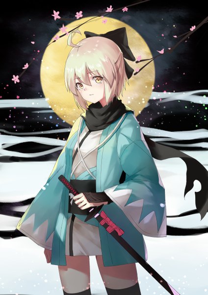 Anime picture 3507x4960 with fate (series) fate/grand order koha-ace okita souji (fate) (all) okita souji (koha-ace) erlge single tall image looking at viewer fringe highres short hair blonde hair hair between eyes yellow eyes absurdres traditional clothes japanese clothes half updo sheathed