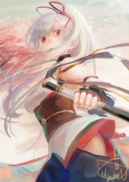 Anime picture 567x800 with fate (series) fate/grand order tomoe gozen (fate) mizutamari tori single long hair tall image fringe breasts light erotic red eyes standing holding signed looking away silver hair ponytail traditional clothes japanese clothes wind