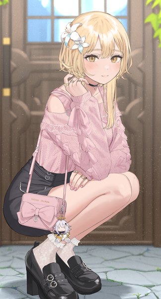 Anime picture 1081x2000 with genshin impact lumine (genshin impact) paimon (genshin impact) sutochan single tall image looking at viewer fringe short hair blonde hair hair between eyes bare shoulders yellow eyes full body hair flower alternate costume squat contemporary girl flower (flowers)