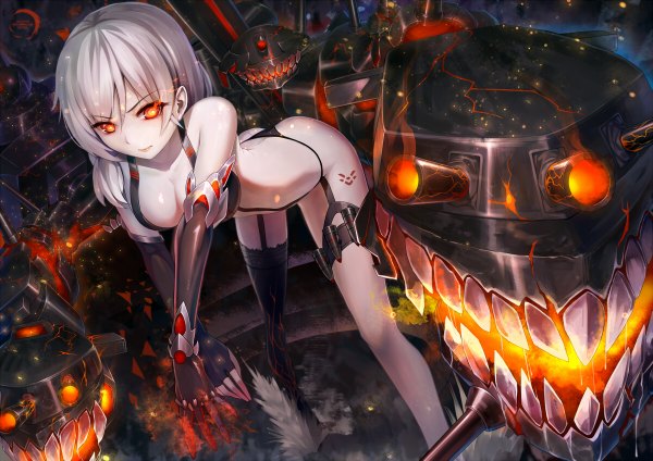 Anime picture 1200x848 with warship girls r xiaoyin li single long hair looking at viewer fringe breasts light erotic red eyes large breasts standing silver hair light smile lips night teeth orange eyes tattoo leaning leaning forward