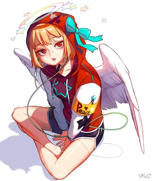 Anime picture 1745x2048 with original rinotuna single tall image looking at viewer fringe highres short hair simple background red eyes brown hair white background sitting signed long sleeves parted lips barefoot bare legs shadow angel wings