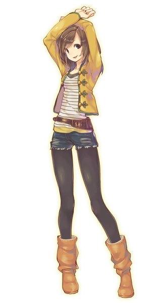 Anime picture 600x1127 with original chiko (mizuho) single tall image looking at viewer fringe short hair blue eyes simple background smile brown hair standing white background open clothes open jacket girl pantyhose jacket shorts belt
