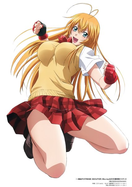 Anime picture 4634x6533 with ikkitousen sonsaku hakufu single long hair tall image blush highres open mouth blue eyes simple background blonde hair white background absurdres scan official art girl skirt gloves uniform school uniform