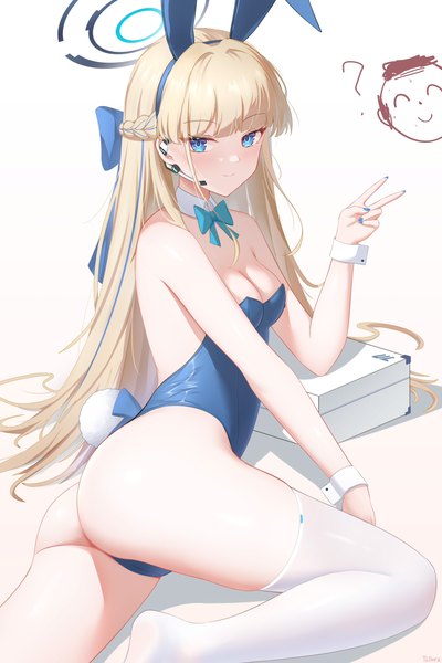 Anime-Bild 2000x3000 mit blue archive toki (blue archive) toki (bunny) (blue archive) sensei (blue archive) doodle sensei (blue archive) doraski single long hair tall image looking at viewer blush fringe highres breasts blue eyes light erotic simple background blonde hair white background bare shoulders