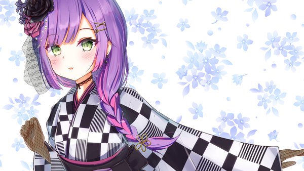 Anime picture 3200x1800 with virtual youtuber hololive tokoyami towa tokoyami towa (2nd costume) rinsu (rins10215) single long hair looking at viewer highres open mouth simple background wide image green eyes pink hair purple hair braid (braids) traditional clothes japanese clothes multicolored hair two-tone hair