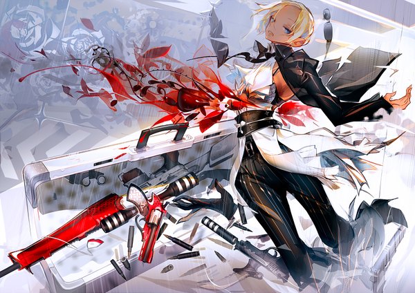 Anime picture 1850x1308 with original panamaman single highres short hair open mouth blue eyes blonde hair looking away bent knee (knees) hair bun (hair buns) high heels arched back girl weapon glasses necktie gun blood pants
