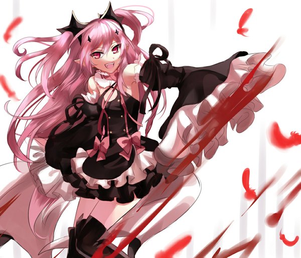 Anime picture 1000x857 with owari no seraph wit studio kururu tepes sanakiii single long hair fringe breasts open mouth simple background white background looking away pink hair bent knee (knees) pink eyes wide sleeves teeth fang (fangs) two side up girl