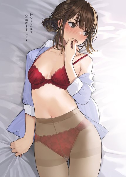 Anime picture 1287x1800 with original douki-chan (douki-chan) yomu (sgt epper) single tall image blush short hair breasts light erotic brown hair bare shoulders brown eyes looking away cleavage lying long sleeves nail polish head tilt arm up fingernails