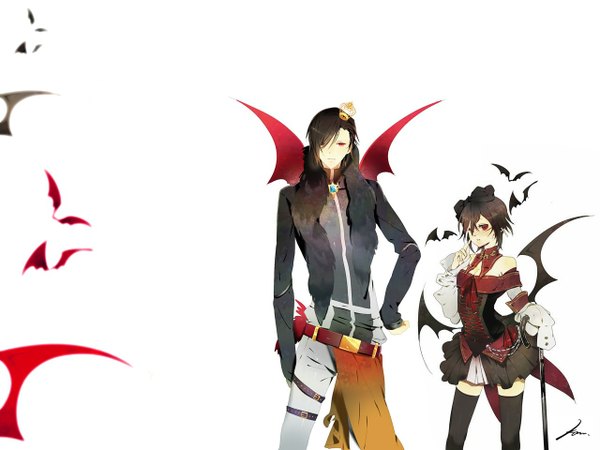 Anime picture 1280x960 with original niso looking at viewer fringe short hair simple background red eyes brown hair standing white background bare shoulders signed pleated skirt hair over one eye couple hand on hip lacing bat wings girl thighhighs