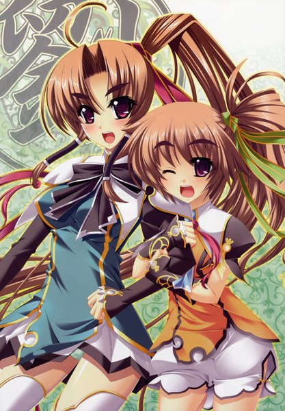 Anime picture 4202x6038 with koihime musou doga kobo bachou mouki (koihime musou) batai long hair tall image blush highres open mouth red eyes brown hair purple eyes multiple girls absurdres ponytail one eye closed wink girl ribbon (ribbons) 2 girls