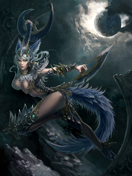 Anime-Bild 3000x4000 mit xiaobotong single long hair tall image highres breasts blue eyes light erotic large breasts holding animal ears cloud (clouds) animal tail grey hair realistic spread arms dual wielding wolf ears rock wolf tail