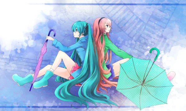 Anime picture 1200x720 with vocaloid hatsune miku megurine luka kanna (chaos966) long hair blue eyes wide image sitting twintails multiple girls pink hair aqua hair polka dot back to back closed umbrella girl 2 girls boots umbrella