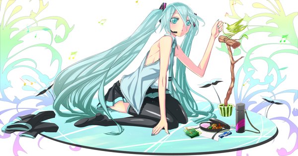 Anime picture 1900x1000 with vocaloid hatsune miku single long hair highres wide image sitting twintails bare shoulders nail polish aqua eyes aqua hair girl thighhighs animal bird (birds)