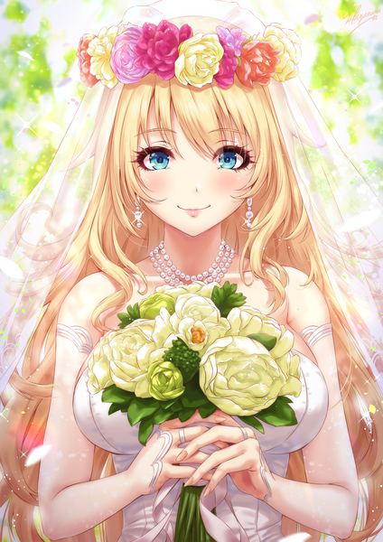 Anime picture 1200x1697 with kantai collection atago heavy cruiser sakiyamama single long hair tall image looking at viewer blush fringe breasts blue eyes blonde hair smile large breasts bare shoulders upper body sparkle girl dress flower (flowers)