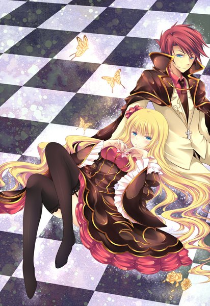 Anime picture 710x1033 with umineko no naku koro ni beatrice ushiromiya battler murasakigo long hair tall image looking at viewer short hair blue eyes blonde hair smile red hair couple checkered floor girl thighhighs dress boy flower (flowers) black thighhighs